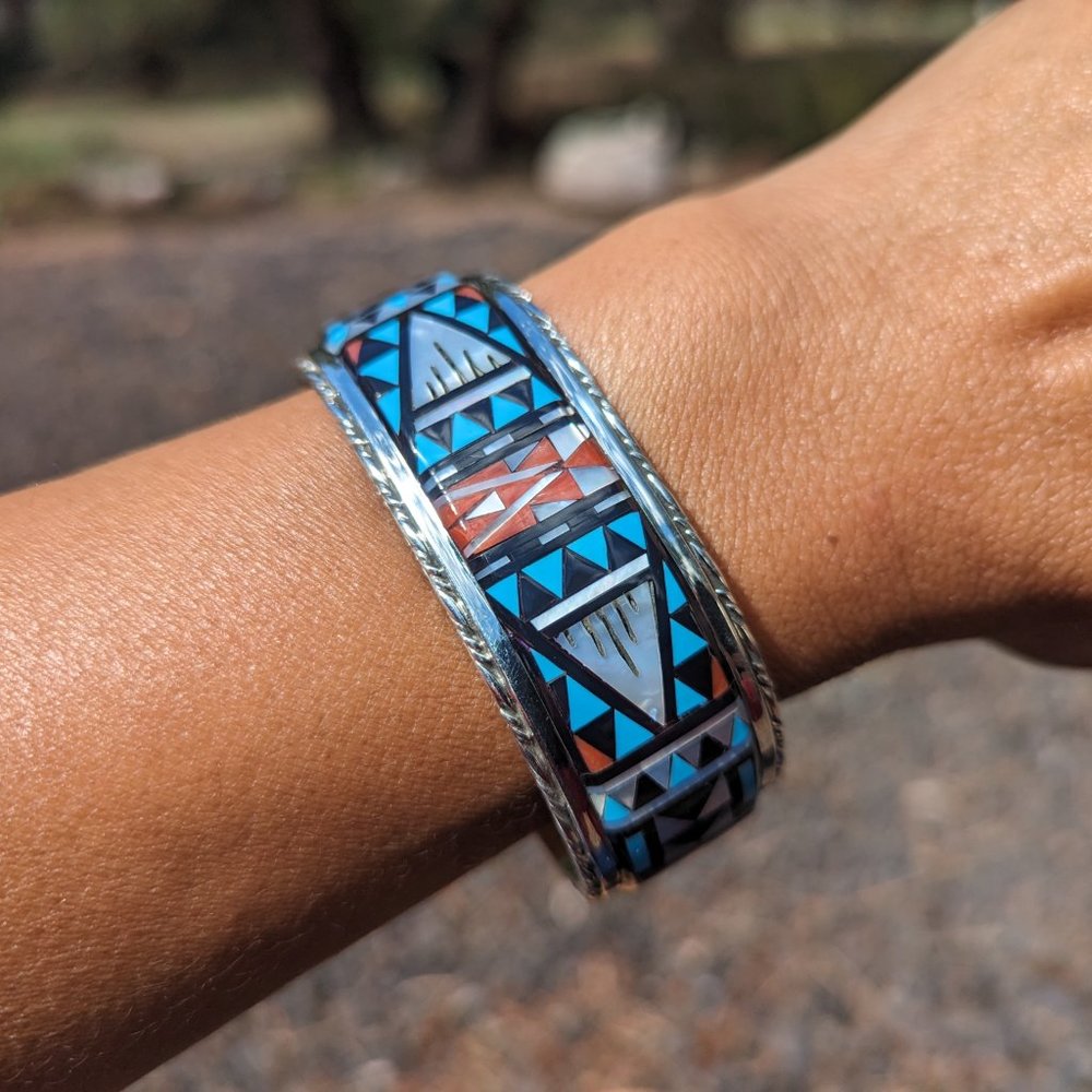 Native American Handmade Cuff‎ Bracelet Zuni Inlay Sterling Silver sz7US ***